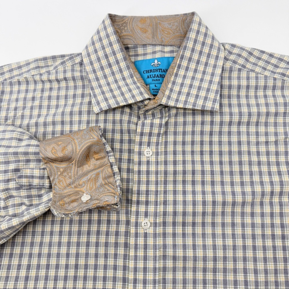 Christian Aujard Button Down Shirt Mens L Blue Yellow‎ Plaid Paisley Flip Cuff - Picture 7 of 11